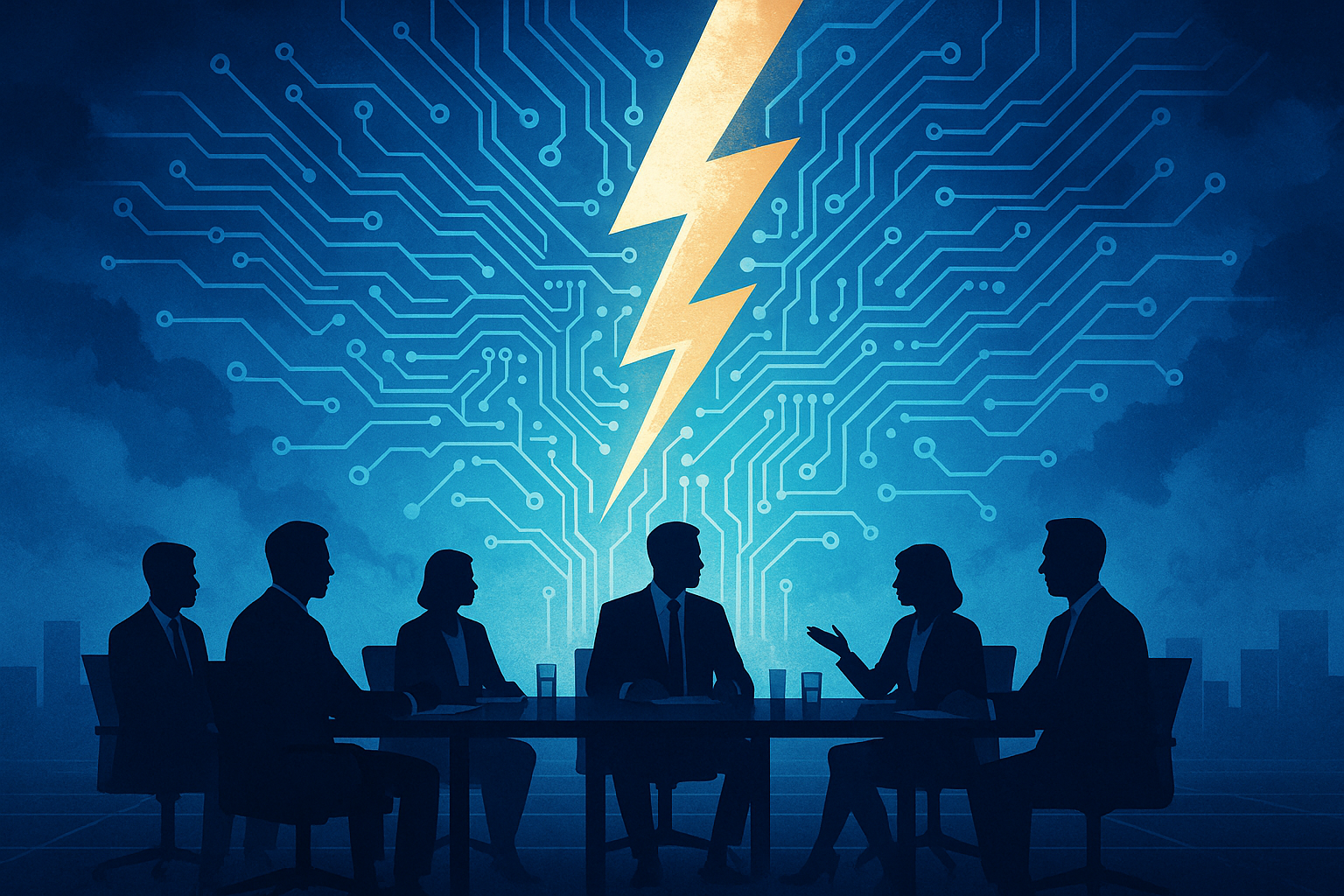 Business leaders meeting under a lightning-bolt AI circuit graphic.